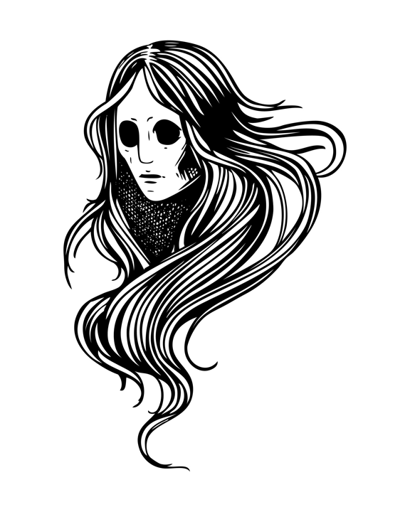 Vintage ghost woman portrait. Gothic tattoo design. Halloween hand-drawn vector illustration. Witch drawing. NOT AI generated